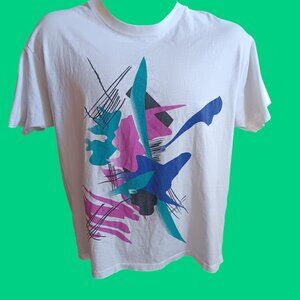 Vintage XL T-shirt Single Stitch Boxy 90s Abstract Graphic White All Cotton